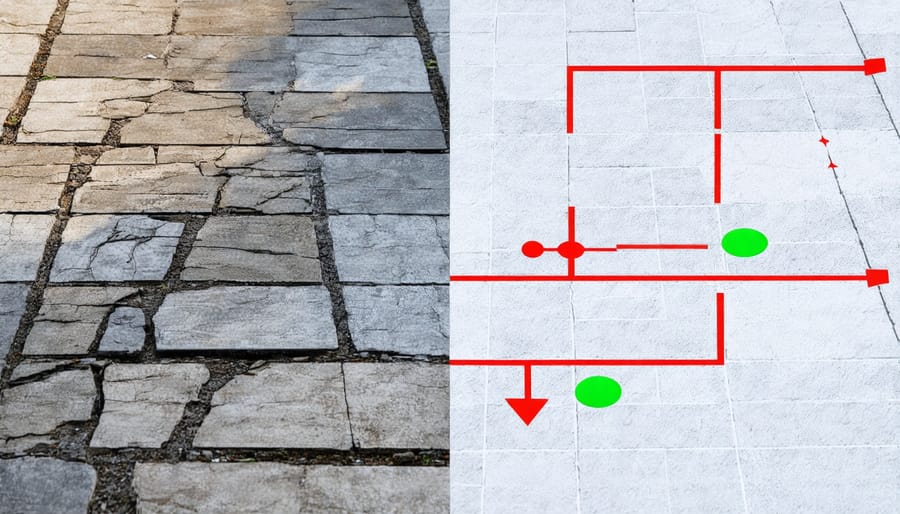 Side-by-side comparison of deteriorating stone surface with AI analysis overlay highlighting damage patterns