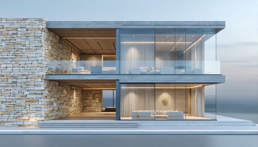Architectural visualization of seamless material transition between stone and glass facades