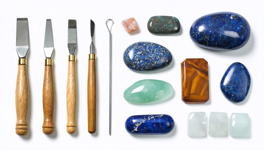 Complete set of stone inlay jewelry making tools and materials arranged on a workbench