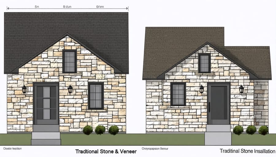 Split image comparing installation methods of natural stone versus stone veneer in commercial settings