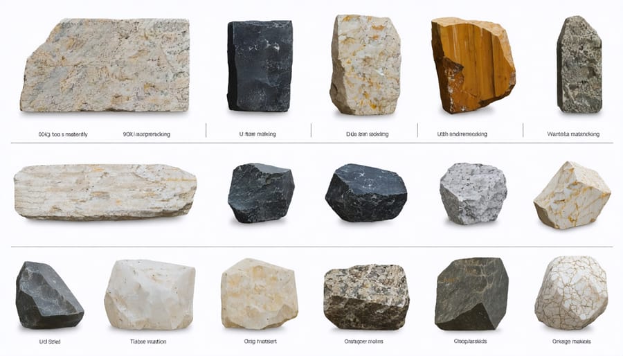 Visual guide showing samples of flint, chert, obsidian, and other stone materials used in Native American tools