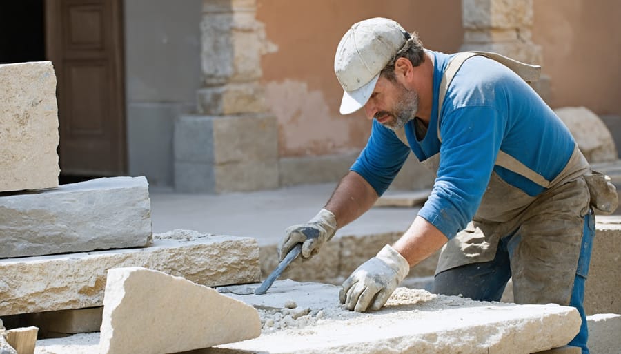 Professional stone conservators documenting and preserving original stone materials
