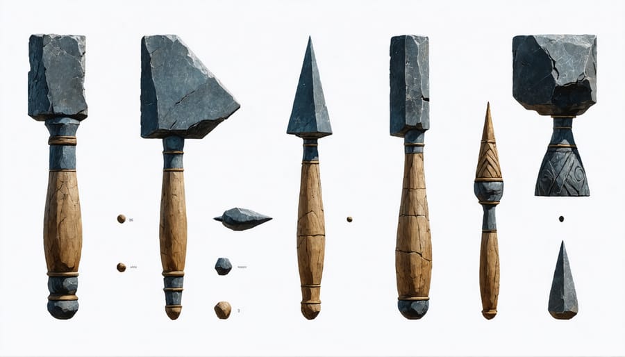 Collection of traditional stone sculpting tools including chisels, mallets, and measuring devices