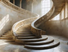 A grand stone spiral staircase in a sunlit room, showcasing intricate craftsmanship with polished marble steps and an ornate handrail, highlighted by natural light to emphasize its architectural elegance.