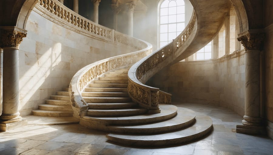 A grand stone spiral staircase in a sunlit room, showcasing intricate craftsmanship with polished marble steps and an ornate handrail, highlighted by natural light to emphasize its architectural elegance.