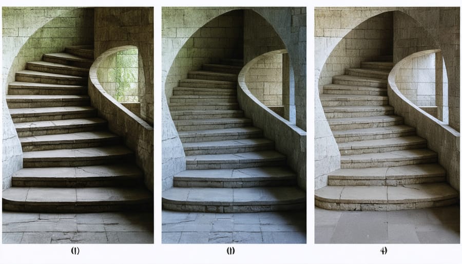 Construction sequence showing foundation and assembly of stone spiral staircase