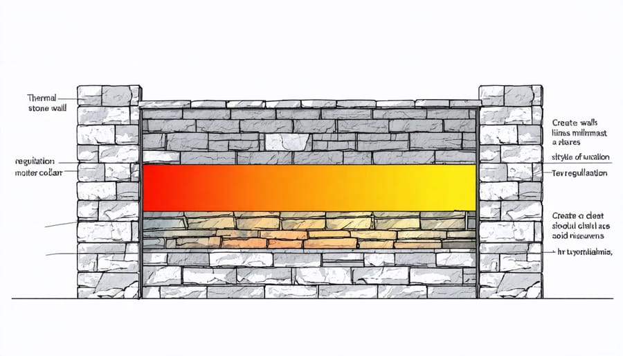 Technical illustration demonstrating how stone walls regulate temperature through thermal mass properties