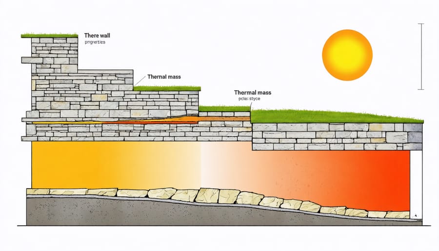 Technical illustration of thermal mass behavior in stone walls during 24-hour cycle