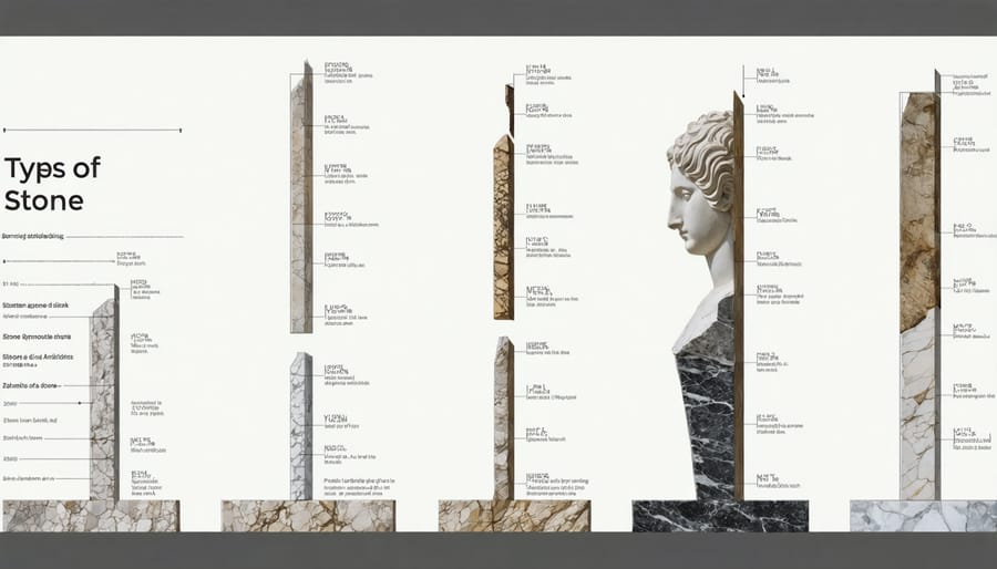 Illustrated diagram of various stone types used in ancient sculpture