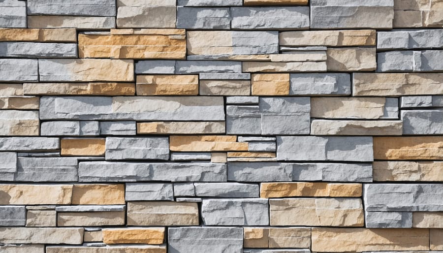 Installation process of stone veneer showing adhesive application and stone placement