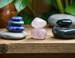 A peaceful interior with blue sodalite, rose quartz, and black tourmaline stones artfully displayed on a wooden shelf, surrounded by soft ambient lighting and natural elements for a calming sanctuary effect.