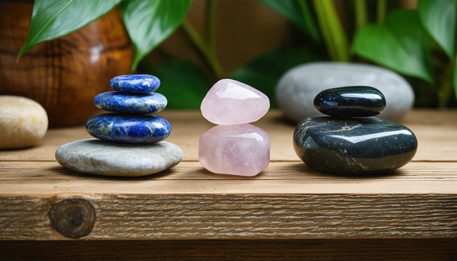 A peaceful interior with blue sodalite, rose quartz, and black tourmaline stones artfully displayed on a wooden shelf, surrounded by soft ambient lighting and natural elements for a calming sanctuary effect.
