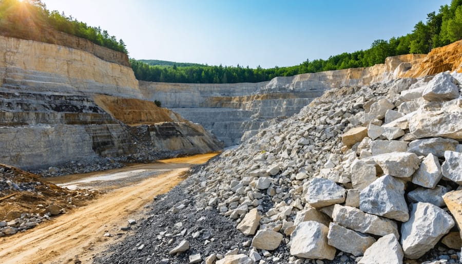 Aerial view of a sustainable stone quarry showing organized extraction and environmental preservation measures