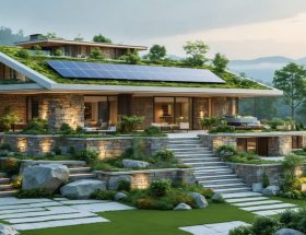 Illustration of a modern sustainable building using natural stone, featuring solar panels, a green roof, and expansive windows to emphasize energy efficiency and harmony with nature.