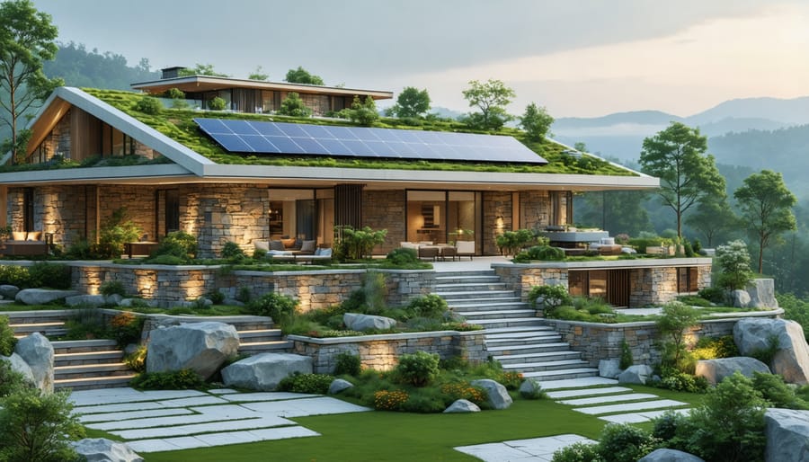 Illustration of a modern sustainable building using natural stone, featuring solar panels, a green roof, and expansive windows to emphasize energy efficiency and harmony with nature.