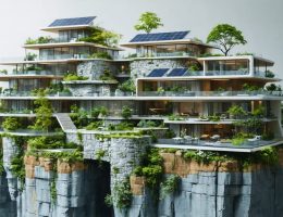 A futuristic cityscape illustrating the integration of traditional stone buildings with modern sustainable features, displaying a harmonious blend of old and new architectural elements.
