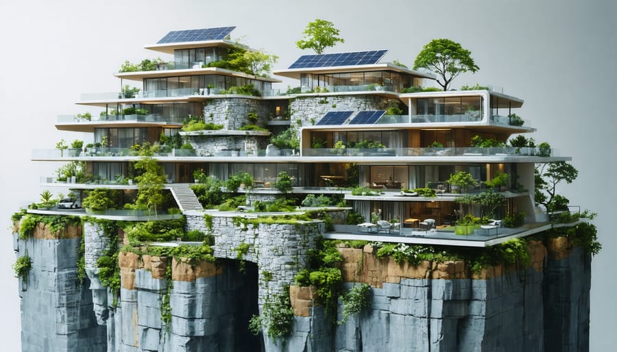 A futuristic cityscape illustrating the integration of traditional stone buildings with modern sustainable features, displaying a harmonious blend of old and new architectural elements.