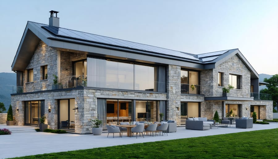 Contemporary sustainable architecture showcasing natural stone construction with integrated passive solar features