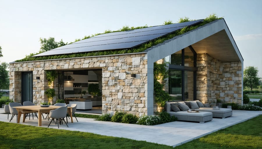 Contemporary building constructed with natural stone, incorporating solar panels and living roof elements