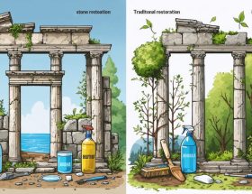 An illustrated split-screen comparison showing traditional vs. sustainable stone restoration methods on a historic building facade, emphasizing the contrast between chemical-heavy approaches and eco-friendly techniques, with environmental impact visualized in the backdrop.