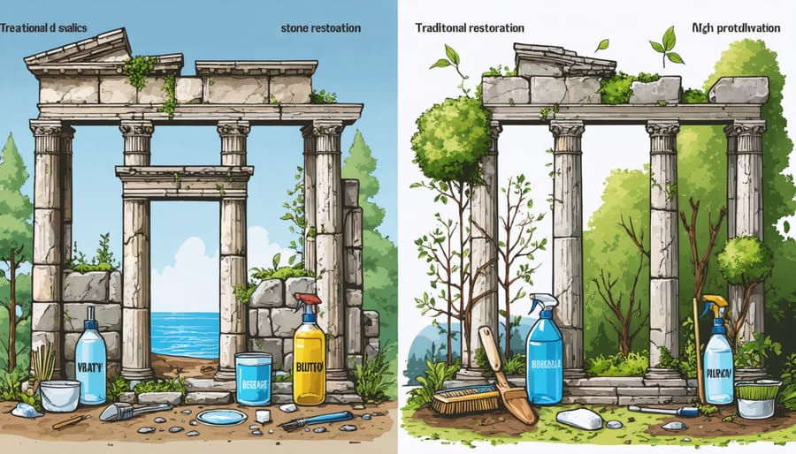 An illustrated split-screen comparison showing traditional vs. sustainable stone restoration methods on a historic building facade, emphasizing the contrast between chemical-heavy approaches and eco-friendly techniques, with environmental impact visualized in the backdrop.