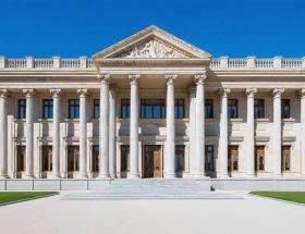 A majestic Classical Revival building featuring towering Corinthian columns, a symmetrical marble façade, and a prominent triangular pediment adorned with intricate stone carvings, exemplifying the enduring influence and timeless elegance of Greco-Roman-inspired architecture.