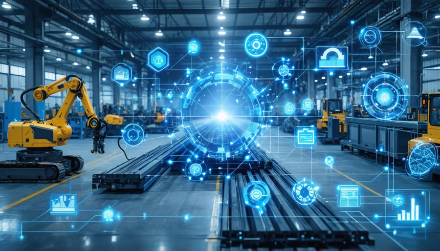 Conceptual illustration of a modern stone manufacturing facility with automated machinery and a digital network overlay, representing the integration of advanced technologies to improve production efficiency.