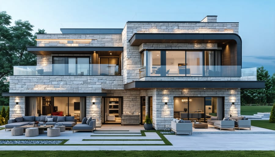 Contemporary house exterior showing ventilated stone cladding installation with rainscreen system