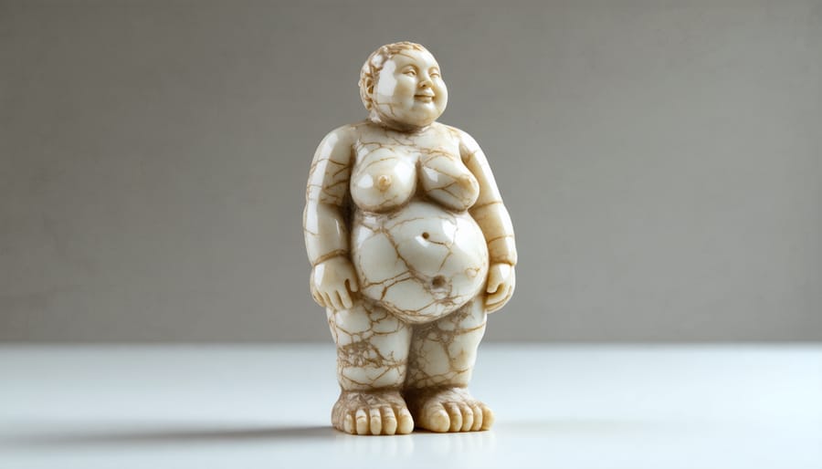 Ancient limestone fertility statue known as Venus of Willendorf showing rounded feminine form