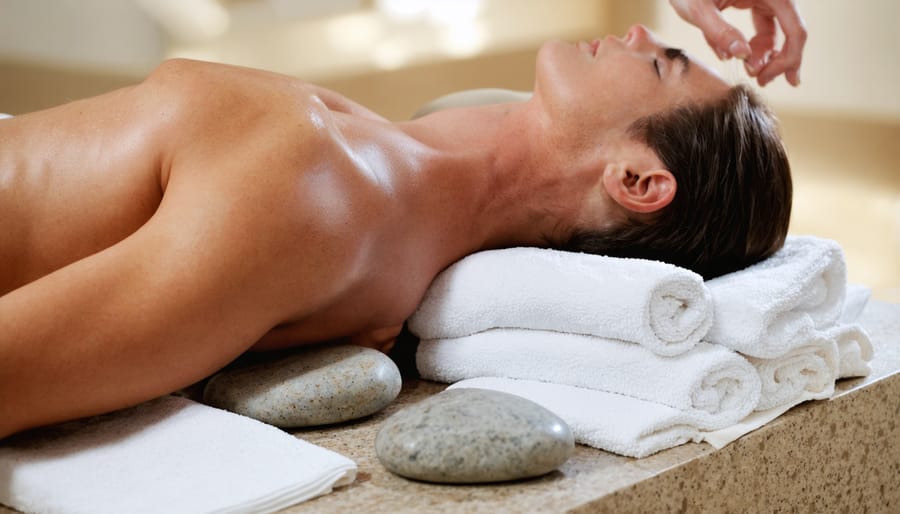Client experiencing vibroacoustic therapy on stone surface in wellness environment