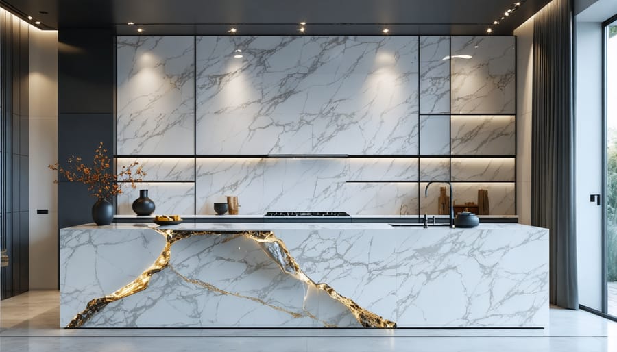 Luxury kitchen design showcasing dramatic waterfall edge quartz countertop on island