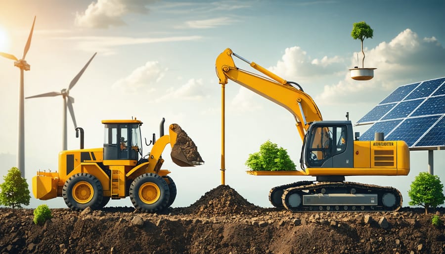 A conceptual image of a balance scale illustrating the equilibrium of traditional machinery and modern, environmentally friendly quarry equipment, with renewable energy sources in the background.