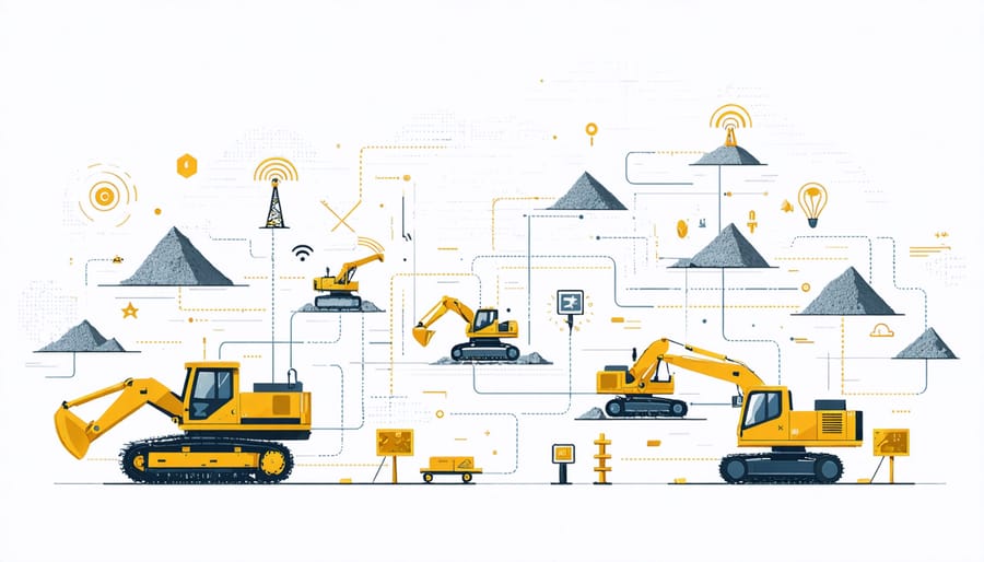 3D rendering of quarry machinery connected by glowing 5G network lines