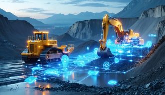 Conceptual illustration of a quarry and countertop connected through a glowing 5G network, highlighting the integration of advanced IoT sensors and technology in the stone industry.