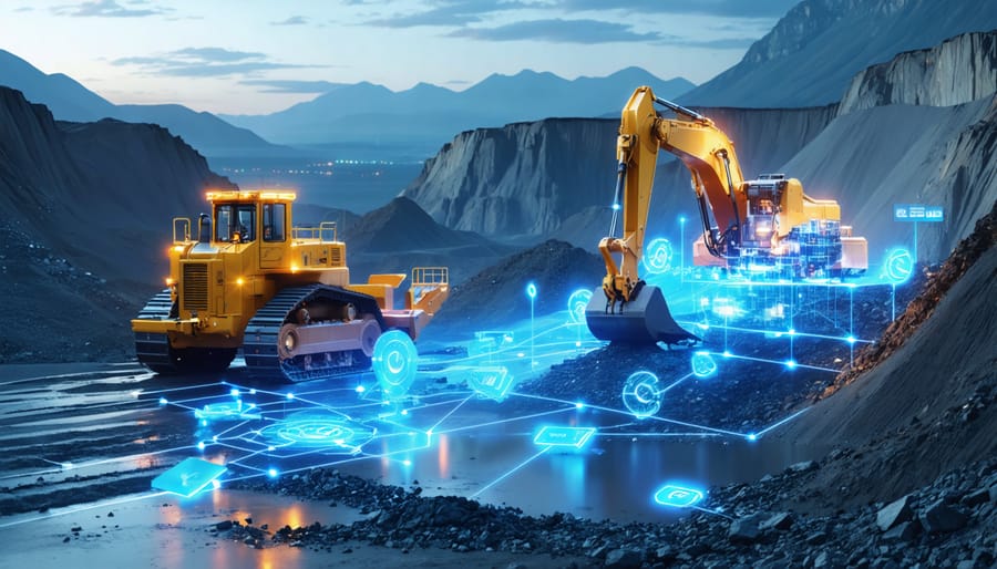 Conceptual illustration of a quarry and countertop connected through a glowing 5G network, highlighting the integration of advanced IoT sensors and technology in the stone industry.