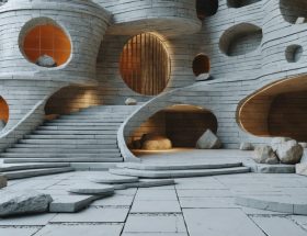 Conceptual illustration of a futuristic building made from modular smart stone, showcasing dynamic geometric patterns and integrated sensor technology for environmental adaptability.