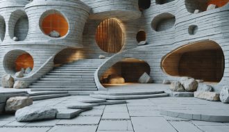 Conceptual illustration of a futuristic building made from modular smart stone, showcasing dynamic geometric patterns and integrated sensor technology for environmental adaptability.