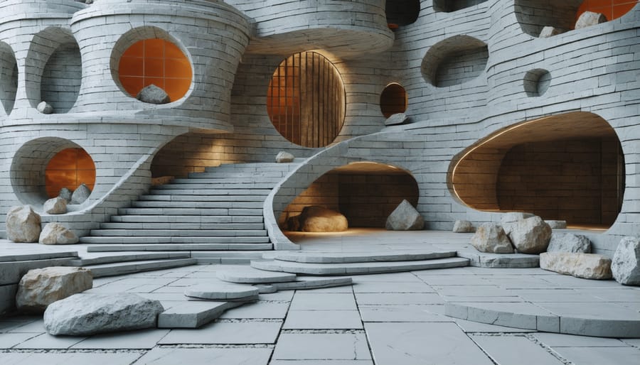 Conceptual illustration of a futuristic building made from modular smart stone, showcasing dynamic geometric patterns and integrated sensor technology for environmental adaptability.