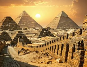 A montage of iconic ancient stone monuments, including the Great Pyramid of Giza, Petra's carvings, and the Great Wall of China, illuminated by a golden sunset, symbolizing their eternal durability and cultural significance.