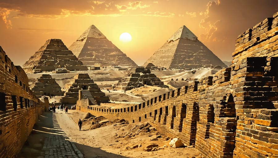 A montage of iconic ancient stone monuments, including the Great Pyramid of Giza, Petra's carvings, and the Great Wall of China, illuminated by a golden sunset, symbolizing their eternal durability and cultural significance.
