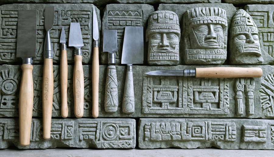 Traditional Aztec stone carving implements including obsidian tools and unfinished carved pieces