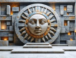 An artistic fusion of the Aztec Sun Stone and modern Aztec-inspired architectural patterns, symbolizing the enduring influence of Aztec stone artistry on contemporary design.