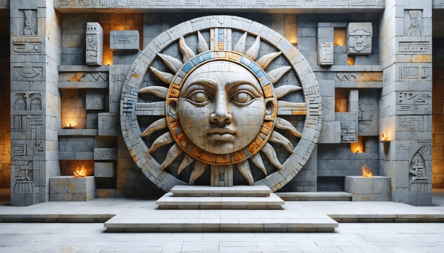 An artistic fusion of the Aztec Sun Stone and modern Aztec-inspired architectural patterns, symbolizing the enduring influence of Aztec stone artistry on contemporary design.