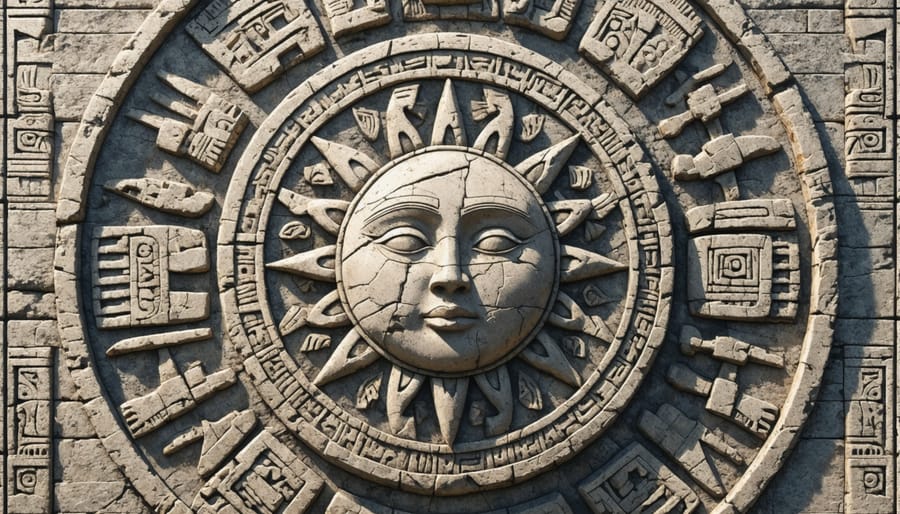 Ancient Aztec Sun Stone with detailed circular carving patterns and central face motif