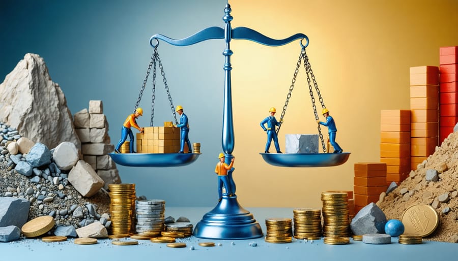 Visual depiction of a balanced scale representing equity and efficiency in natural stone taxation. One side of the scale shows a quarry with workers, while the other side illustrates a corporate office, highlighting the fair tax distribution between small businesses and large distributors in the stone industry.