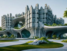 An innovative architectural design inspired by nature's stone formations, featuring hexagonal and organic patterns reminiscent of basalt columns and the Lotus Temple, surrounded by greenery.