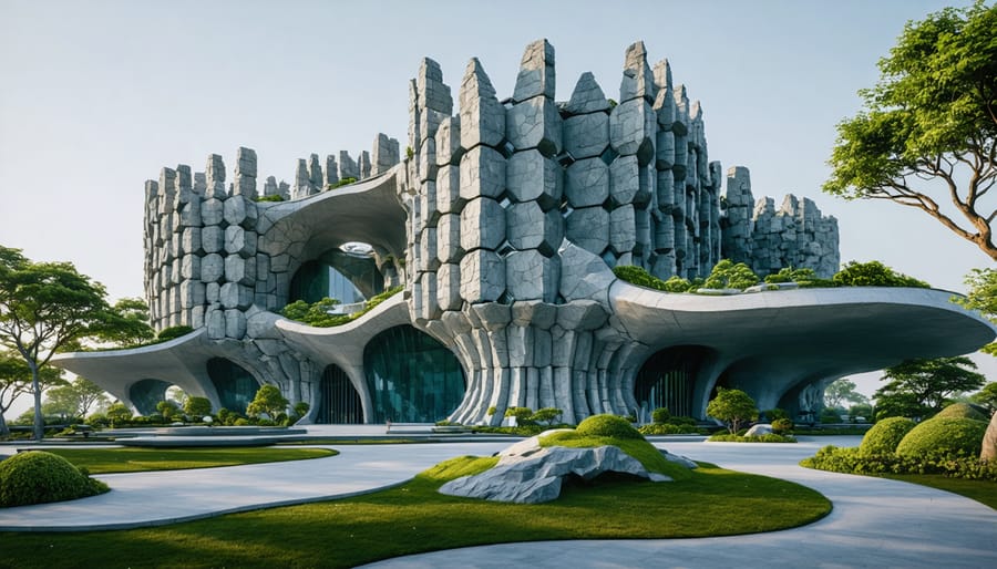 An innovative architectural design inspired by nature's stone formations, featuring hexagonal and organic patterns reminiscent of basalt columns and the Lotus Temple, surrounded by greenery.