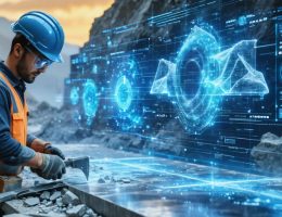 A quarry worker with natural stone tools on one side and a high-tech 3D digital twin of a stone project on a screen with holographic data on the other side, symbolizing the integration of traditional craftsmanship and digital innovation.