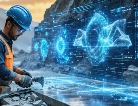 A quarry worker with natural stone tools on one side and a high-tech 3D digital twin of a stone project on a screen with holographic data on the other side, symbolizing the integration of traditional craftsmanship and digital innovation.