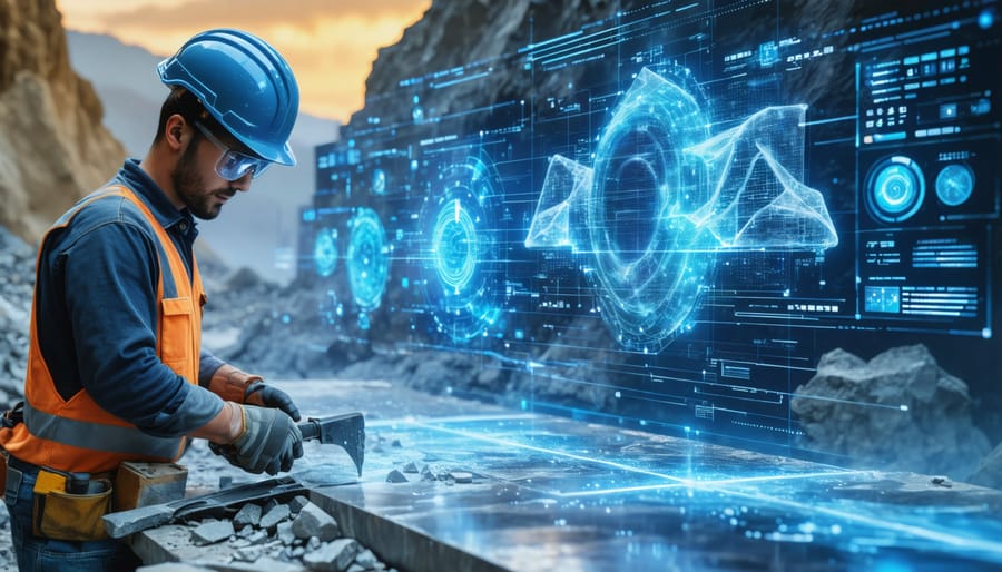 A quarry worker with natural stone tools on one side and a high-tech 3D digital twin of a stone project on a screen with holographic data on the other side, symbolizing the integration of traditional craftsmanship and digital innovation.